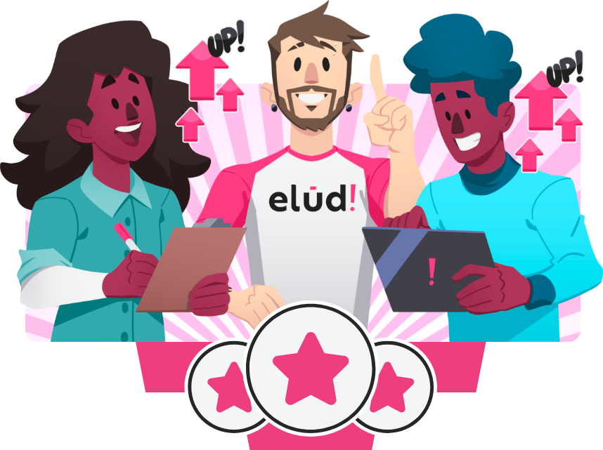 Ilustração de personagem apontando para o céu com expressão entusiasmada, representando inspiração, visão de futuro ou descoberta.