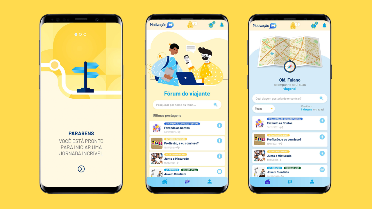 Ilustração colorida com personagem estilizado e elementos de interface, representando conceitos de motivação e engajamento em experiências gamificadas.